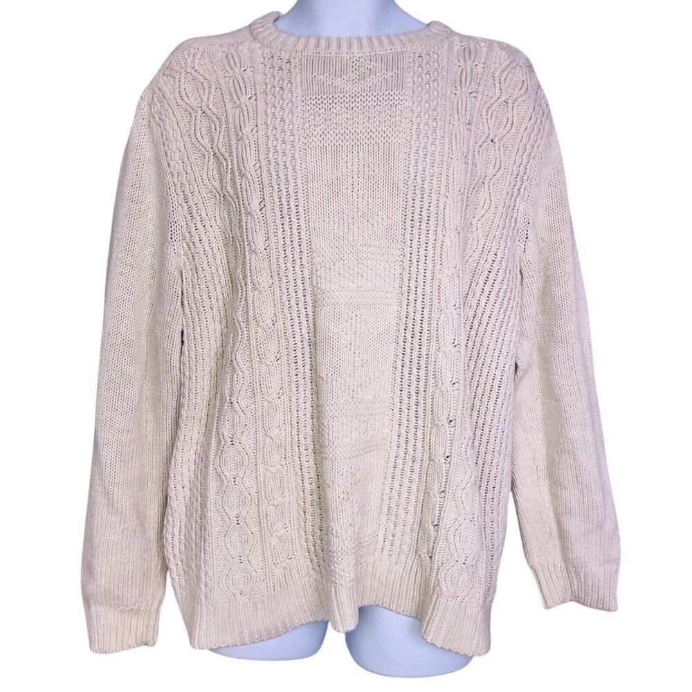Chaps Mens L Sweater Beige Cable Knit Anchors Long Sleeve Crew Neck New
